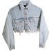 HTD Women's Cropped Jean Jacket Button Up Long Sleeve Ripped Distressed Denim Jacket Frayed Hem