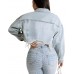 HTD Women's Cropped Jean Jacket Button Up Long Sleeve Ripped Distressed Denim Jacket Frayed Hem