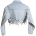 HTD Women's Cropped Jean Jacket Button Up Long Sleeve Ripped Distressed Denim Jacket Frayed Hem