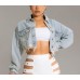 HTD Women's Cropped Jean Jacket Button Up Long Sleeve Ripped Distressed Denim Jacket Frayed Hem