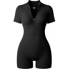 OQQ Women Rompers Ribbed Short Sleeve Zip Front Stretch Tummy Control Yoga Workout Rompers