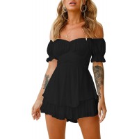 Fixmatti Women Boho Romper Off Shoulder Ruffle Chiffon Shorts Jumpsuit Playsuits