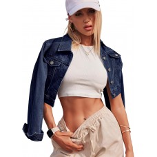 Grabsa Women's Button Down Long Sleeve Cropped Denim Jean Jacket with Pockets