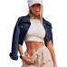 Grabsa Women's Button Down Long Sleeve Cropped Denim Jean Jacket with Pockets