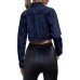 Grabsa Women's Button Down Long Sleeve Cropped Denim Jean Jacket with Pockets