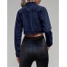 Grabsa Women's Button Down Long Sleeve Cropped Denim Jean Jacket with Pockets