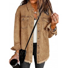 luvamia Denim Jacket for Women Oversized Button Down Casual Jean Shacket Jackets Long Sleeve Frayed Hem Western Trendy