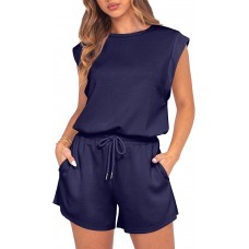 GRECERELLE Rompers For Women 2025 Summer Cap Sleeve Adjustable Drawstring Waistband Cozy Lounge Short Jumpsuit With Pocket