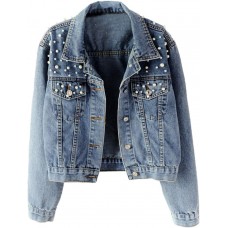 Kedera Women Oversized Denim Jacket Embroidered Pearls Beading Jeans Coat