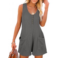 Rompers for Women Sleeveless Jumpsuits for Women Button Down Waffle Fabric Summer Vacation Outfits for Women