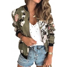 ECOWISH Women's Casual Floral Zip Up Bomber Jacket Coat Crew Neck Lightweight Short Camo Outwear Tops Windbreaker with Pocket