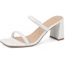 Women's Square Open Toe Heeled Sandals Two Strap Mules Slip On Block Chunky Mid Heels Sandals