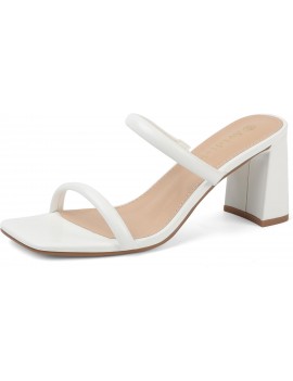 Women's Square Open Toe Heeled Sandals Two Strap Mules Slip On Block Chunky Mid Heels Sandals
