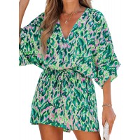 CUPSHE Women's Lace Up Leopard Print Romper Short Sleeves Jumpsuits Wide leg Outfit