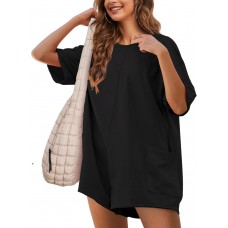 LTSCNRM Womens Tee Rompers One Piece Hot Shot Oversize Jumpsuit Overall Short Sleeve Back V Neck Athletic Workout Activewear
