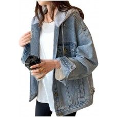 LifeShe Women's denim jacket with hood oversized distressed jean jackets hoodie