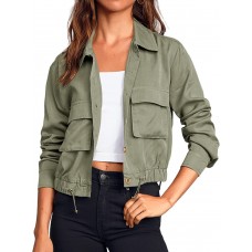 Onedreamer Women's Military Safari Cropped Jackets Button Down Lightweight Oversized Utility Anorak Coat with Pockets