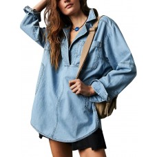 Fazortev Women's Denim Pullover Casual Button V Neck Blouse Loose Fit Long Sleeve Jean Jacket With Pocket