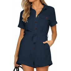 GRAPENT Women's Summer Short Sleeve Button Down Pockets Belted Jumpsuits Rompers