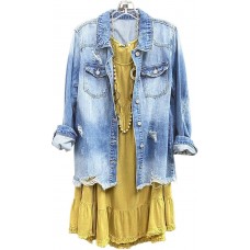 Womens Denim Ripped Distressed Button Down Mid Long Casual Jean Jackets