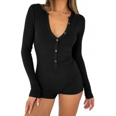 REVETRO Women's 2025 Spring Sexy V Neck Long Sleeve Shorts Romper Y2k One Piece Jumpsuit Bodycon Pajama Set Gym Bodysuit