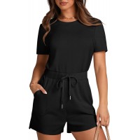 XIEERDUO Rompers for Women 2024 Summer Crewneck Short Jumpsuit Casual Loose Short Sleeve One Piece Outfits with Pockets