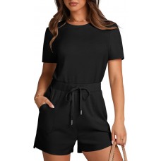 XIEERDUO Rompers for Women 2024 Summer Crewneck Short Jumpsuit Casual Loose Short Sleeve One Piece Outfits with Pockets