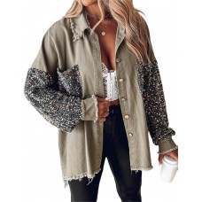 CHICME BEST SHOPPING DEALS Womens Jacket Sequin Patchwork Long Sleeve Jacket Top Button Front Oversized Denim Shacket