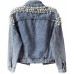 Kedera Women's Jean Jacket Embroidered Rivet Pearl Short Denim Jacket Coat