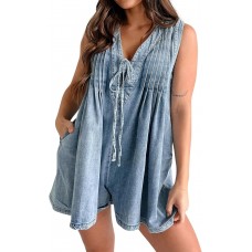 utcoco Womens Summer Casual Sleeveless Denim Romper Tie Front V Neck Jean Overall Shorts Romper With Pockets