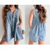 utcoco Womens Summer Casual Sleeveless Denim Romper Tie Front V Neck Jean Overall Shorts Romper With Pockets