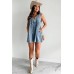 utcoco Womens Summer Casual Sleeveless Denim Romper Tie Front V Neck Jean Overall Shorts Romper With Pockets