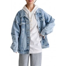 LifeShe Oversized Denim Jacket Women Boyfriend Long Jean Jacket Fall Loose Shacket Trucker Coats