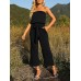 ZESICA Women's Casual Off Shoulder Solid Color Strapless Belted Wide Leg Jumpsuit Romper