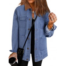Dokotoo Women's Denim Jacket Oversized Contrast Collar Jean Jackets Spring Outfits 2025 Vintage Long Sleeve Skirts