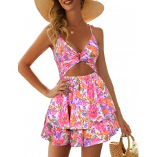 Women's Jumpsuit Sexy V Neck Twist Spaghetti Straps Double Layer Ruffle Hem Mini Short Romper