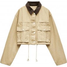 Womens Cropped Jacket Contrast Collar Utility Coat Cargo Jacket Barn Jacket Outwear with Pockets