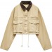 Womens Cropped Jacket Contrast Collar Utility Coat Cargo Jacket Barn Jacket Outwear with Pockets
