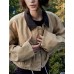 Womens Cropped Jacket Contrast Collar Utility Coat Cargo Jacket Barn Jacket Outwear with Pockets