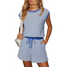 Dokotoo Women's Summer Casual Rompers Striped Shorts Overalls Adjustable Drawstring Waist Jumpsuits One Piece Outfits