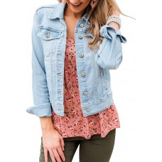 LookbookStore Women's Basic Long Sleeves Button Down Fitted Denim Jean Jackets